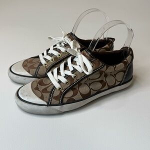 Coach Barrett Sneakers Brown Khaki Signature Logo Jacquard Shoes Size 9
